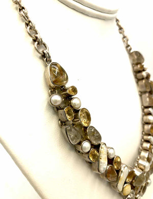 White Sterling Silver Citrine Pearl Collar 18" ss Necklace