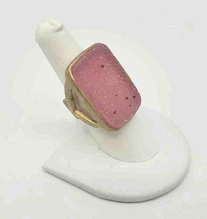 RIVKA FRIEDMAN Pink Gold Plate Druzy Rectangle Ring Sz 8.5