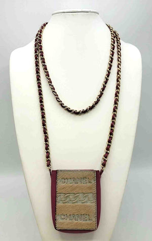 CHANEL Fuchsia Beige Leather Chain 2.5" 1" 3" Necklace