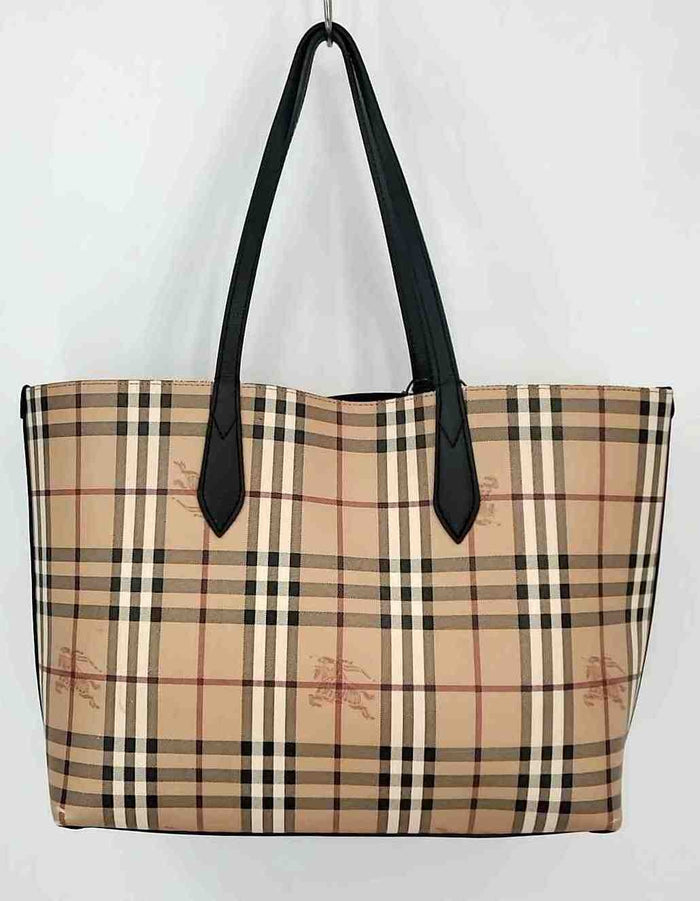 BURBERRY Tan Black & Red Pre Loved AS IS Plaid Reversible Tote 18" 4.5" Purse