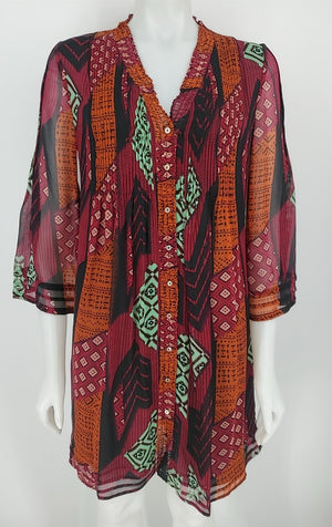 DVF - DIANE VON FURSTENBERG Orange & Black Fuchsia Silk Geometric Print Dress