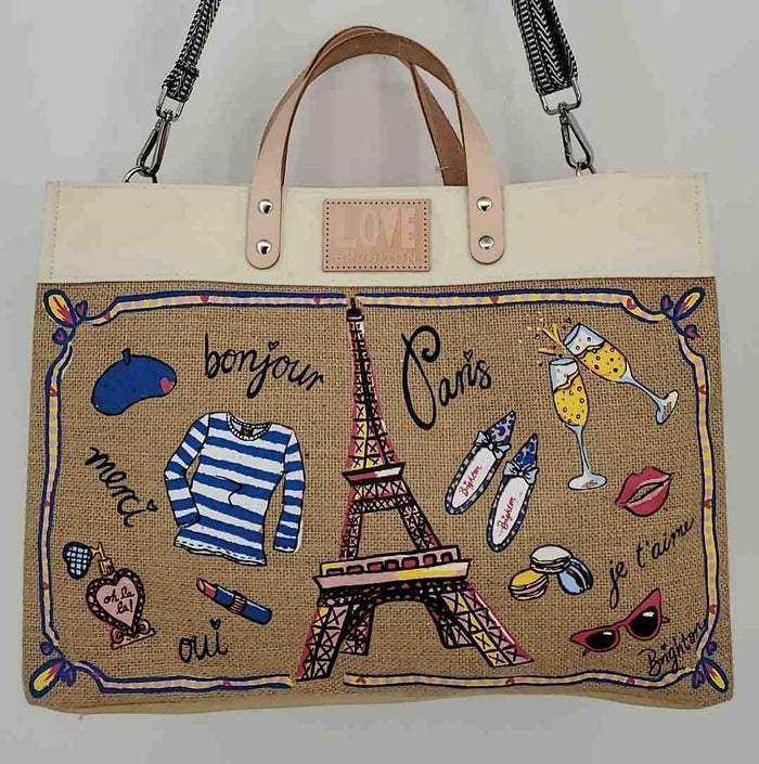 BRIGHTON Beige Tan Blue Multi Burlap Leather Trim Eiffel Tower Tote Purse