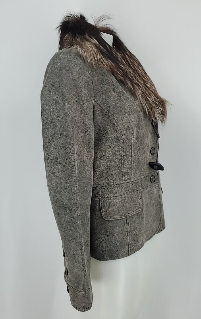 ALFANI Stone Gray Brown Leather Furry Collar 3 Button Jacket