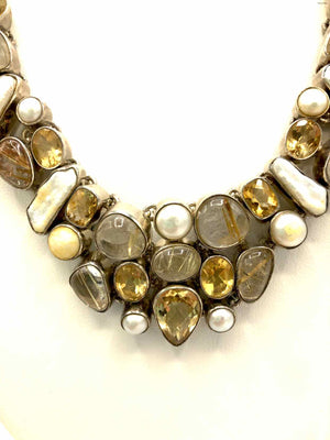 White Sterling Silver Citrine Pearl Collar 18" ss Necklace