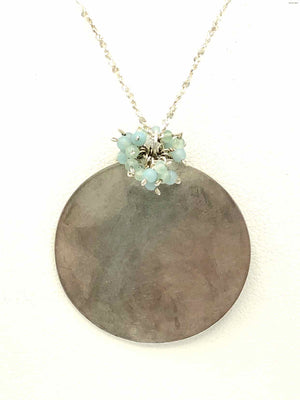 Sterling Silver Aquamarine Brushed Metal Circle 15" ss Necklace