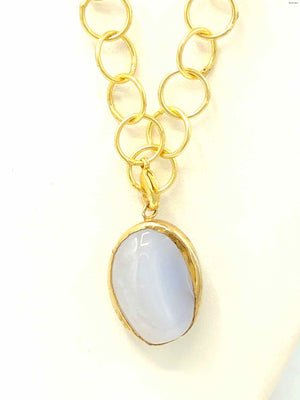 Lt Blue Goldtone Blue Lace Agate Circles Pendant on Chain 36" Necklace