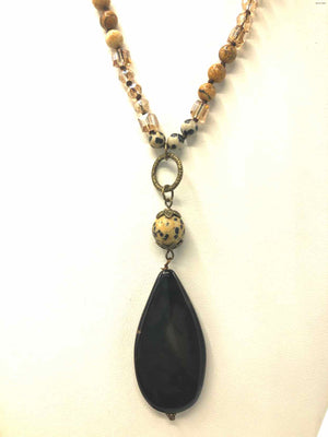 Tan Black Multi Agate Natural Stone Beaded Oval Drop 32" Necklace