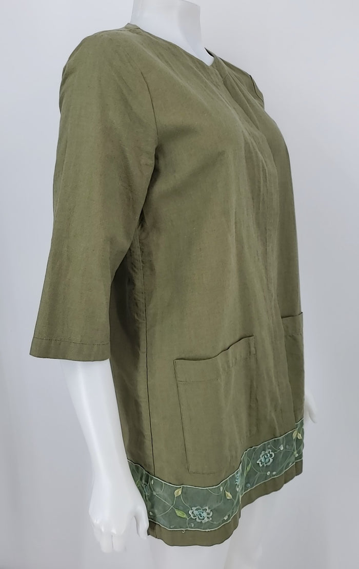 EILEEN FISHER Olive Green Embroidered Trim Drape Front Jacket