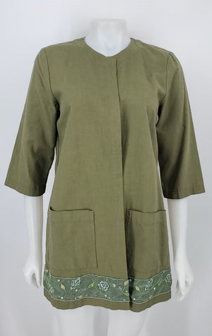 EILEEN FISHER Olive Green Embroidered Trim Drape Front Jacket