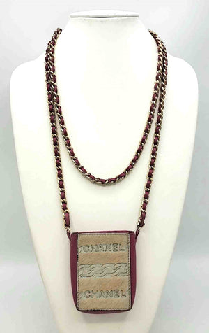 CHANEL Fuchsia Beige Leather Chain 2.5" 1" 3" Necklace