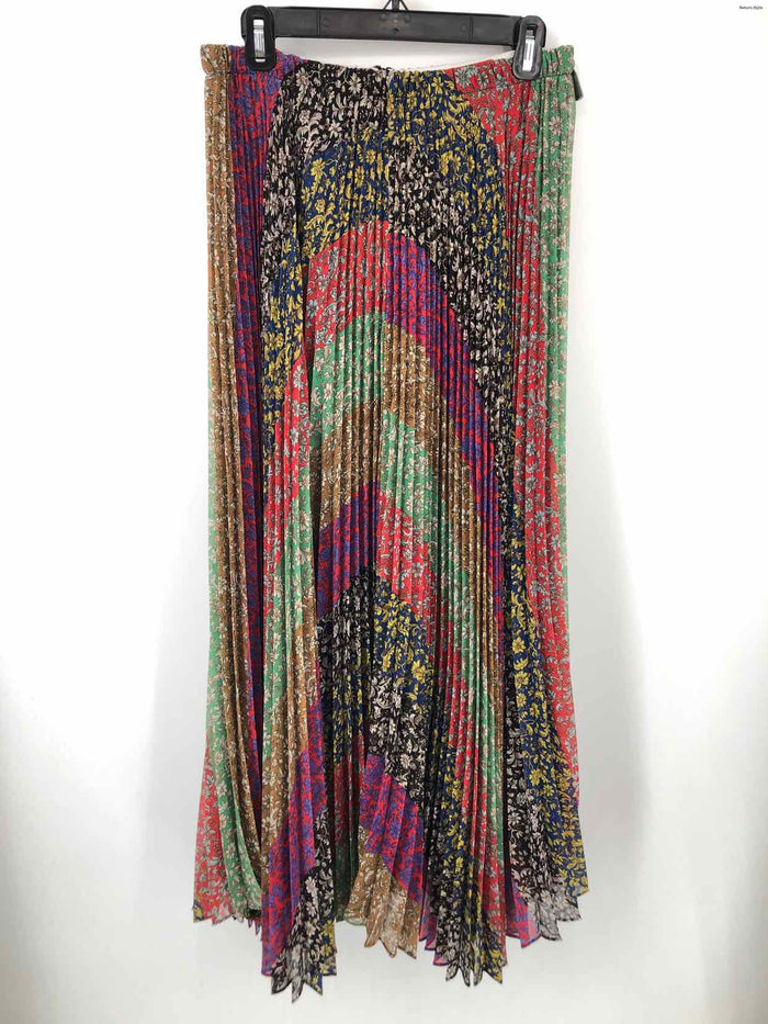 ALICE & OLIVIA Red & Blue Green Multi Crinkle Floral Maxi Length Skirt