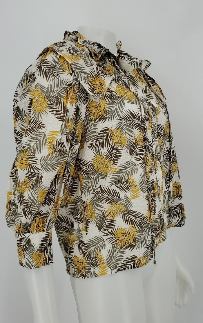 SECULAR Yellow, White Olive Green Cotton Made in USA Leaf Design Shirt Top