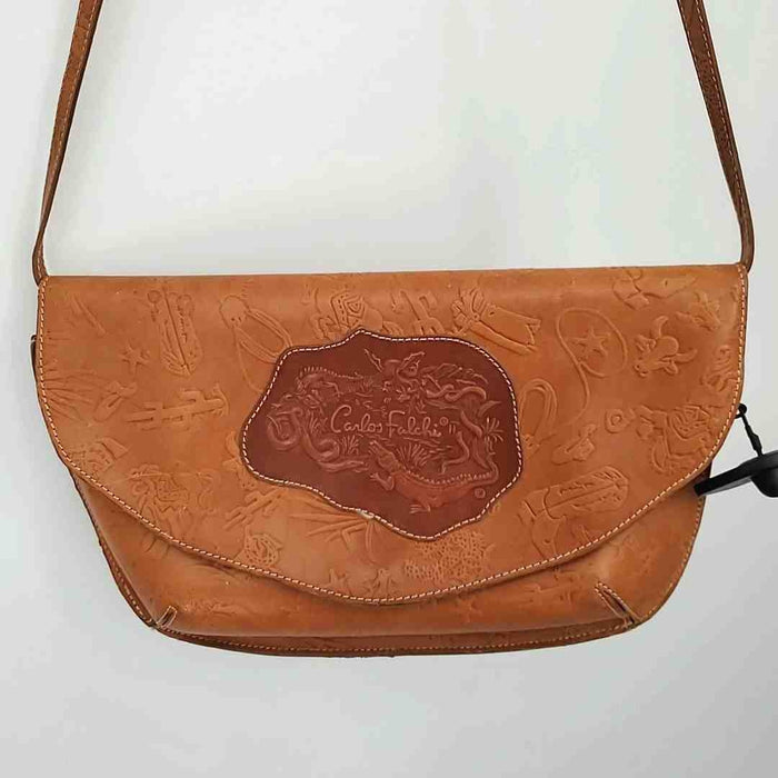 CARLOS FALCHI Brown Leather Pre Loved Western Tooled Pattern Shoulder Bag Purse