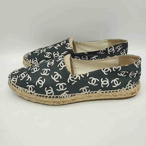 CHANEL Black Cream Leather Made in Spain Monogram Espadrille Shoes