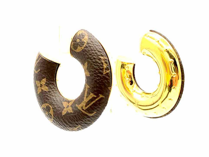 LOUIS VUITTON Brown Goldtone Coated Canvas Pre Loved Monogram Half Hoop Earrings