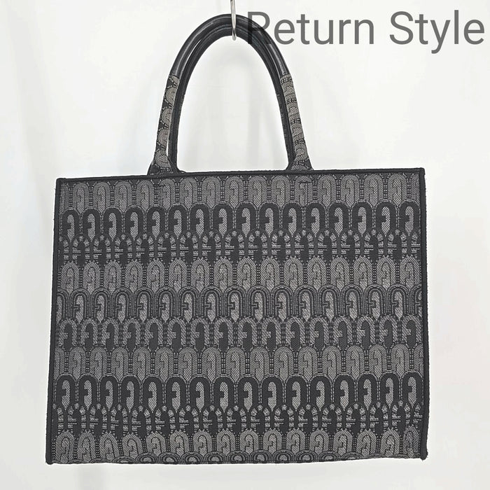 FURLA Gray Black Pre Loved Tapestry Business Tote Purse