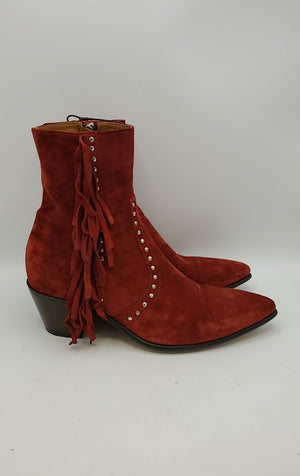 ALESSANDRO VASINI Red Silver Suede Made in Italy Fringe Studded Boots