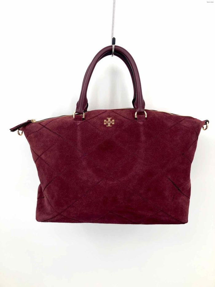 TORY BURCH Burgundy Gold Suede Pre Loved AS IS Tote Shoulder Bag 15" 4.5" Purse