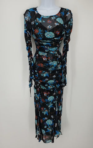 DVF - DIANE VON FURSTENBERG Black Blue Multi Mesh Ruched Longsleeve Dress