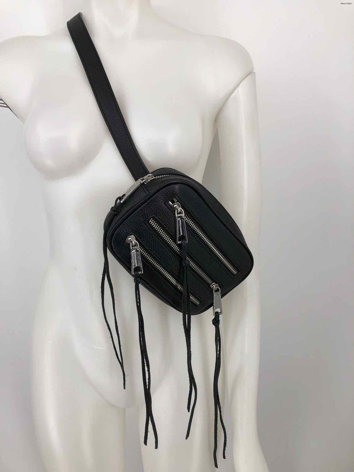 REBECCA MINKOFF Black Silver Leather Pre Loved Zipper Tassel 8" 2" 5" Fanny Pack