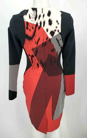 PRABAL GURUNG Black & White Red Made in Italy Print Longsleeve Size 6  (S) Dress