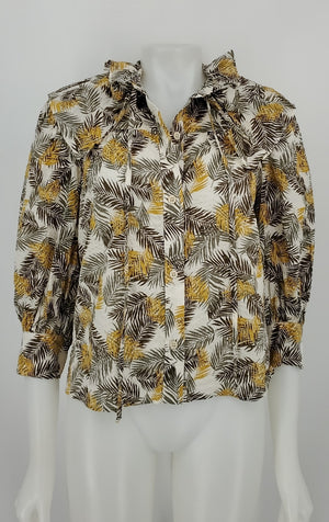 SECULAR Yellow, White Olive Green Cotton Made in USA Leaf Design Shirt Top