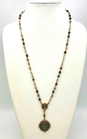 VIRGIN SAINTS & ANGELS Goldtone Brown & Beige Natural Stone Necklace