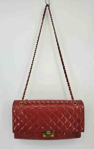 CHANEL Red Gold Quilted Patent Leather Pre Loved Chain Strap Shoulder Bag Purse