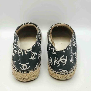 CHANEL Black Cream Leather Made in Spain Monogram Espadrille Shoes