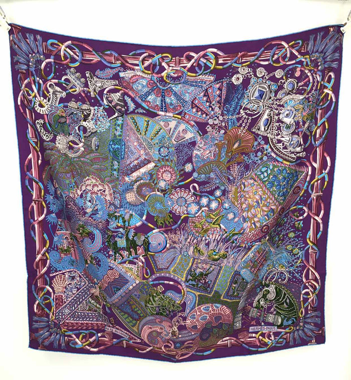 HERMES Purple Green Silk Excellent Condition Print Square 90cm Scarf