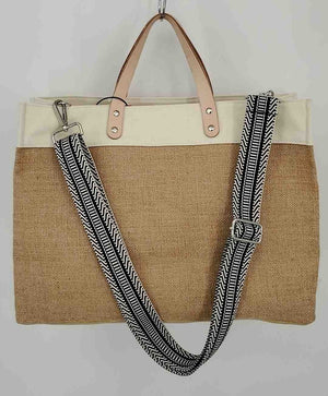 BRIGHTON Beige Tan Blue Multi Burlap Leather Trim Eiffel Tower Tote Purse