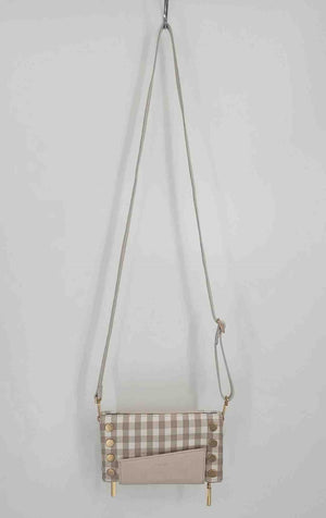 HAMMITT Cream Tan Leather & Canvas Crossbody Gingham Bifold 7.5" Wallet w/ strap