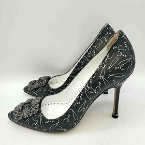 MANOLO BLAHNIK Black & White Pewter Pointed Toe Made in Italy Print Heels Shoes