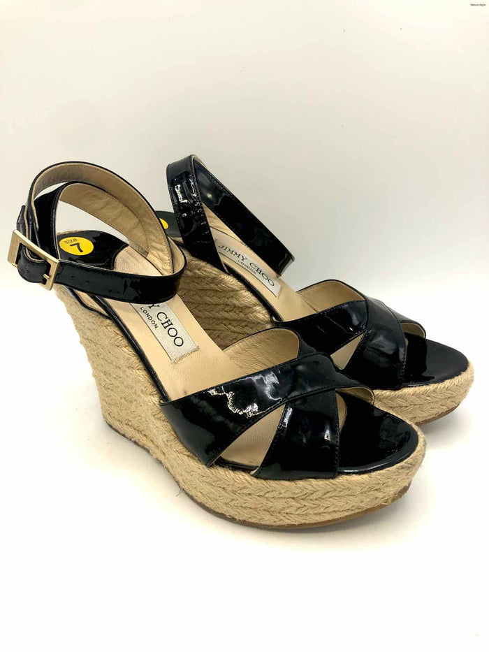 JIMMY CHOO Black Beige Patent Leather Made in Italy Platform Espadrille Shoes