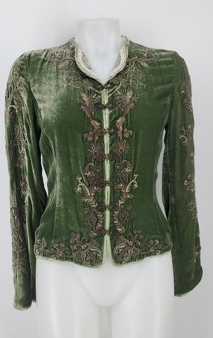 ELIE TAHARI Green Brown Velvet Embroidered Hook & Eye Closure Jacket