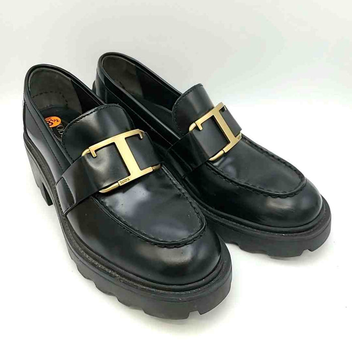 TODS Black Gold Leather Made in Italy Loafer Platform Shoes