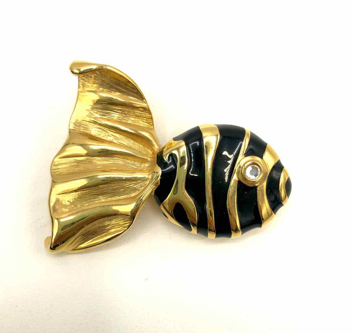 ST. JOHN Black Goldtone Enamel Pre Loved Fish Brooch