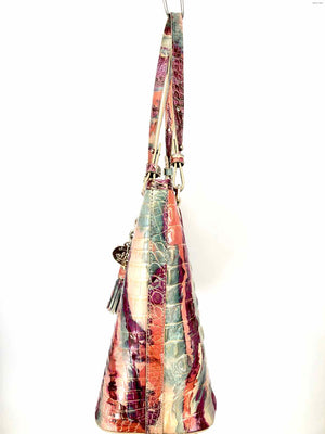 BRAHMIN Pink Beige & Gold Green Multi Embossed leather Dyed Print Tote Purse