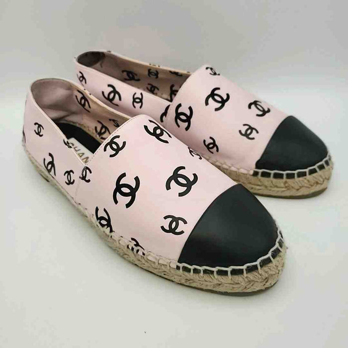 CHANEL Pink Black Leather Made in Spain Monogram Espadrille Shoes