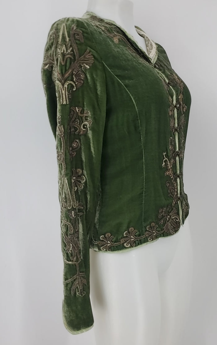 ELIE TAHARI Green Brown Velvet Embroidered Hook & Eye Closure Jacket