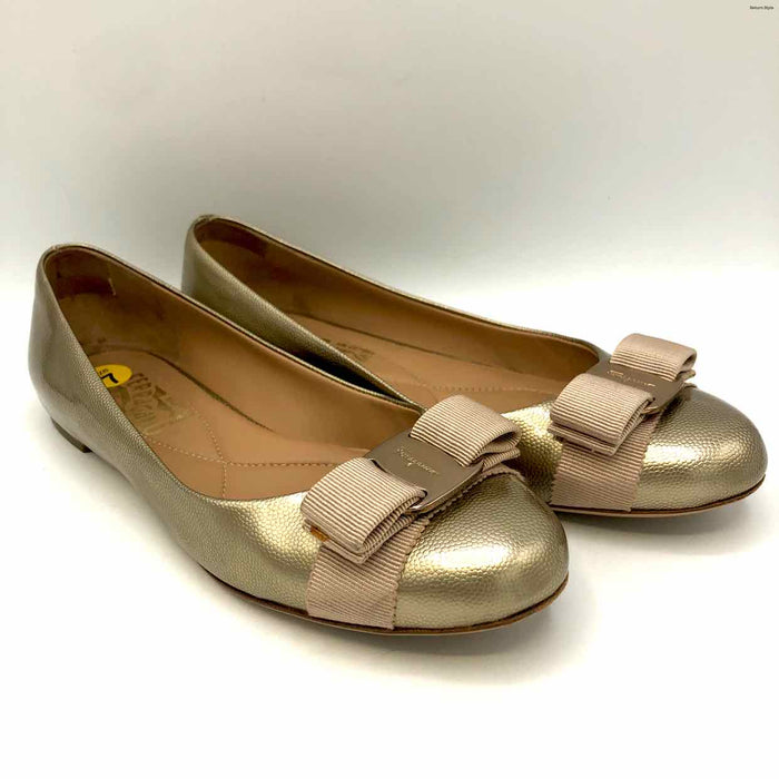 SALVATORE FERRAGAMO Gold Patent Leather Italian Made Ballet Flat Shoes