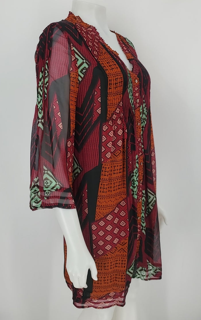 DVF - DIANE VON FURSTENBERG Orange & Black Fuchsia Silk Geometric Print Dress