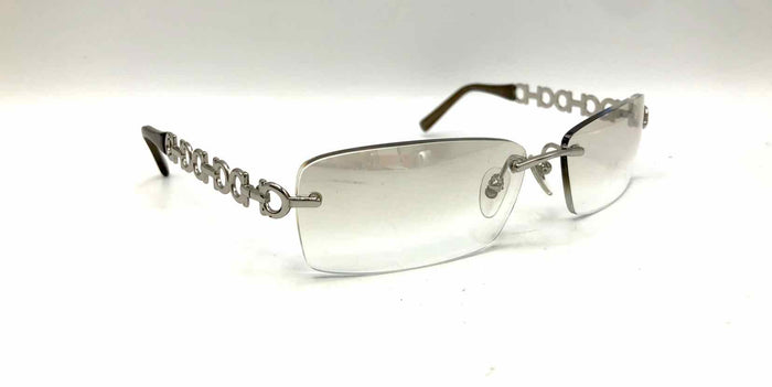 FERRAGAMO Silver Clear Pre Loved Logo Rectangle Sunglasses