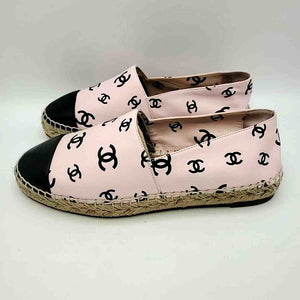 CHANEL Pink Black Leather Made in Spain Monogram Espadrille Shoes