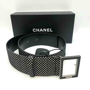 CHANEL Black White Leather Pre Loved Polka Dot Belt