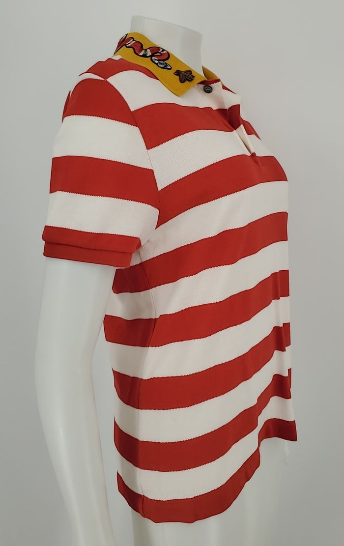 GUCCI Red & White Yellow Multi Made in Italy Stripe Embroidered Top