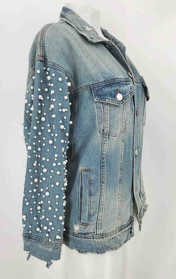 SUNSET + SPRING Lt Blue White Denim "Pearl" Trim Classic Jean Jacket Jacket