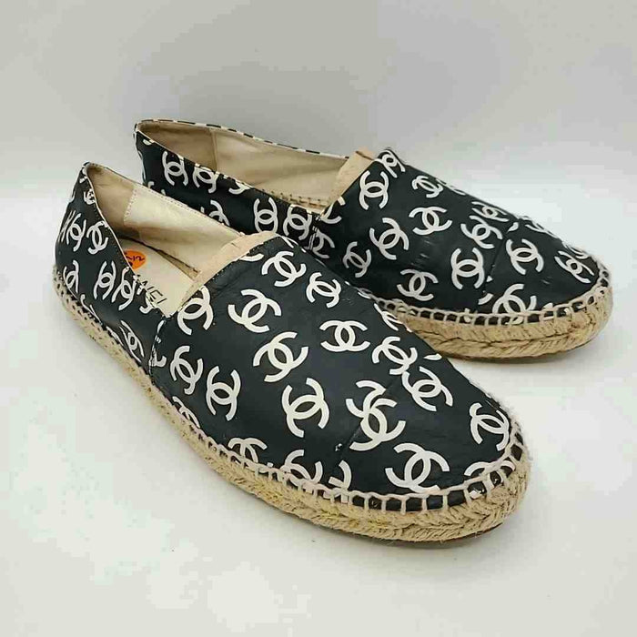 CHANEL Black Cream Leather Made in Spain Monogram Espadrille Shoes