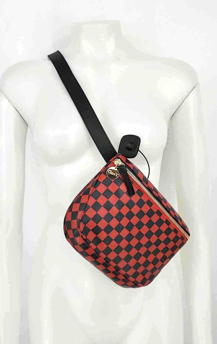 CLARE V Red Navy Leather Checkered Sling One Strap Purse