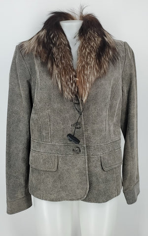 ALFANI Stone Gray Brown Leather Furry Collar 3 Button Jacket